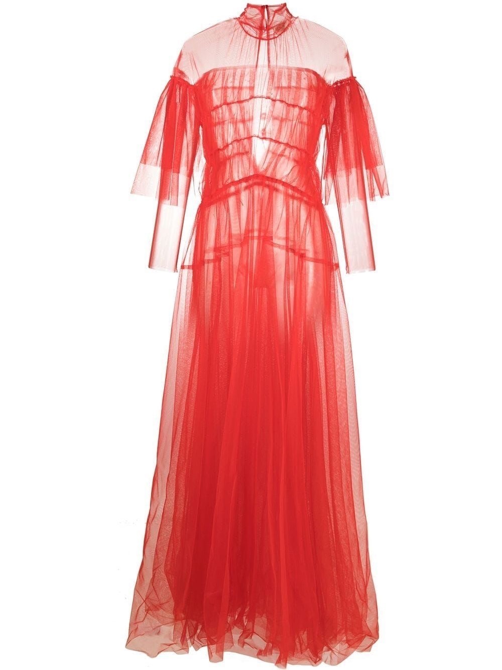 Forte Forte Red Sheer Tulle Maxi Dress with Long Sleeves